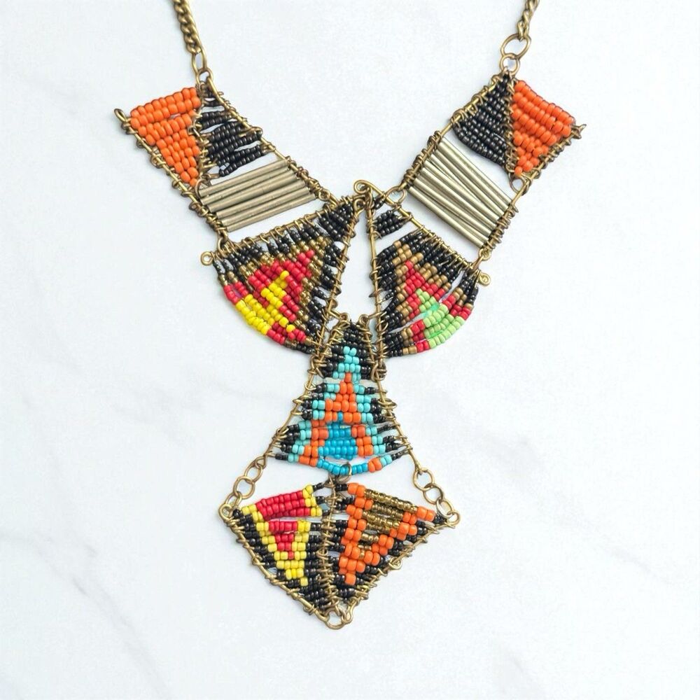 Boho Geometric Seed Bead Statement Necklace – 20 Inches, Brass Tone
